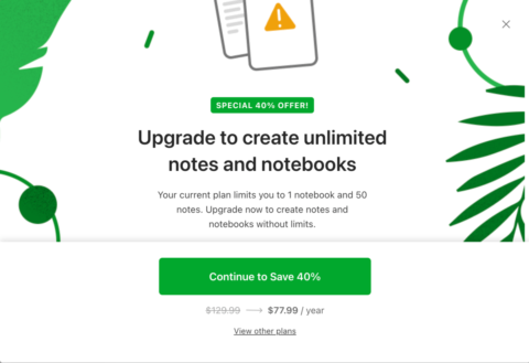 Evernote pushes users to upgrade with test of a free plan limited to only 50 notes