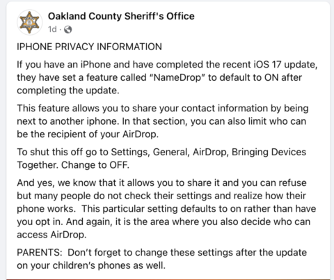 iOS 17 NameDrop gets ‘security warning’ from law enforcement.