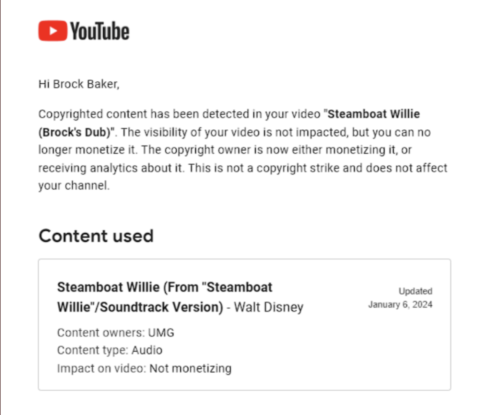Brock Baker’s ‘Steamboat Willie’ YouTube video has been demonetized again