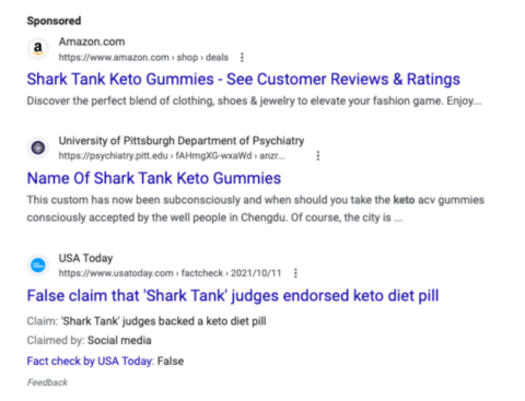 Shark Tank keto gummies are a scam. Yet, Google keeps letting scammers run search ads.