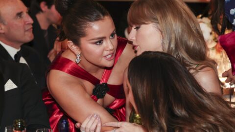 What were Taylor Swift and Selena Gomez gossiping about at the Golden Globes?