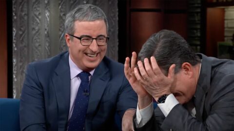 John Oliver gleefully toying with a tired Stephen Colbert is peak late night