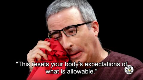 John Oliver’s ‘Hot Ones’ episode reduces him to a pool of tears and regret