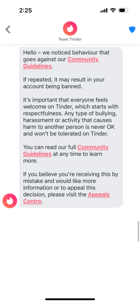 Tinder releases new warnings to stop inappropriate messages