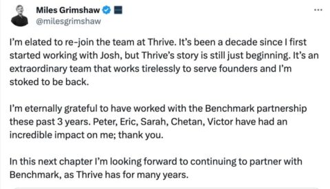 Miles Grimshaw leaves Benchmark to re-join Kushner’s Thrive Capital