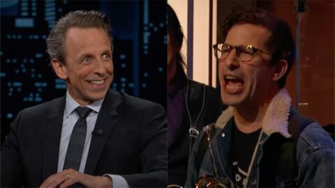 Andy Samberg gleefully heckles Seth Meyers’ interview on Kimmel
